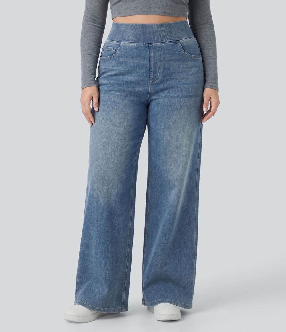 HALARA Flex High Waist Pocket Baggy Wide Leg Jeans Mayan Blue Sz M Petite {3Z10}